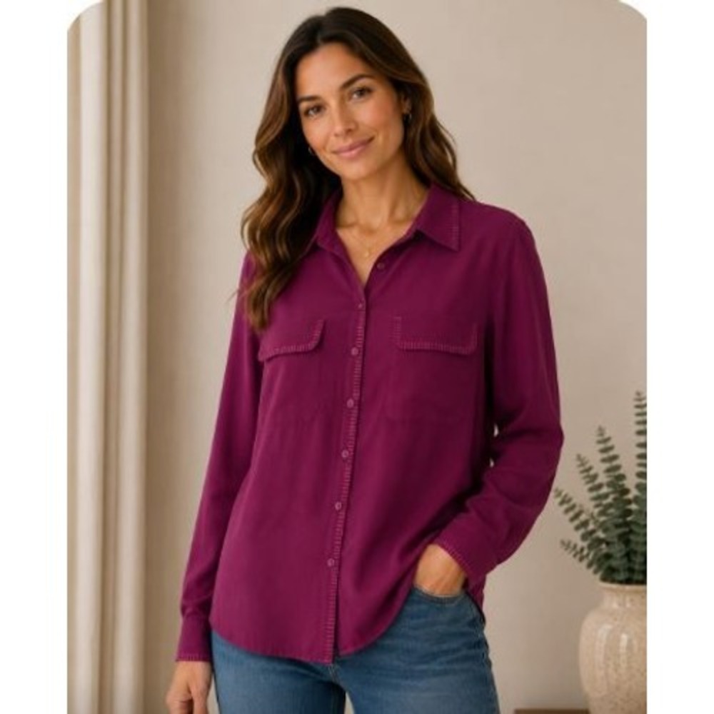 Vintage Silk Shirt L Magenta Purple Blanket Stitch Trim Office Natural Fiber